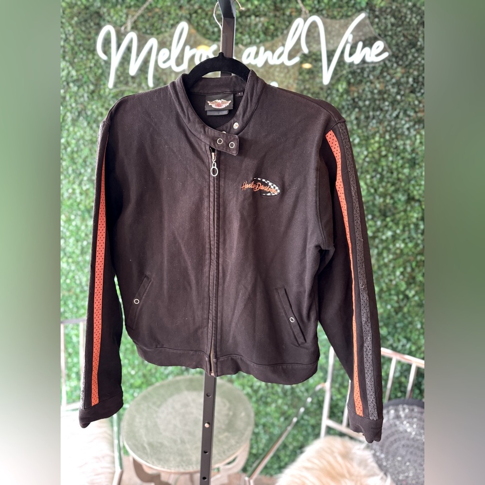Harley Davidson Black Embroidered Strip Full Zip Biker Moto Jacket Women